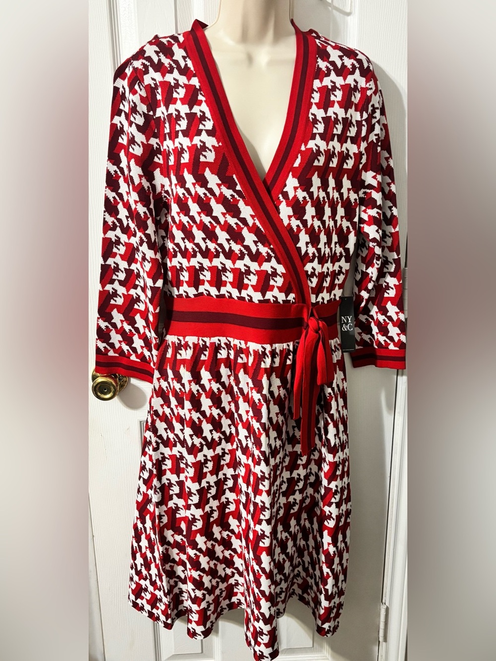 New York & Company Red and White Houndstooth Wrap Dress